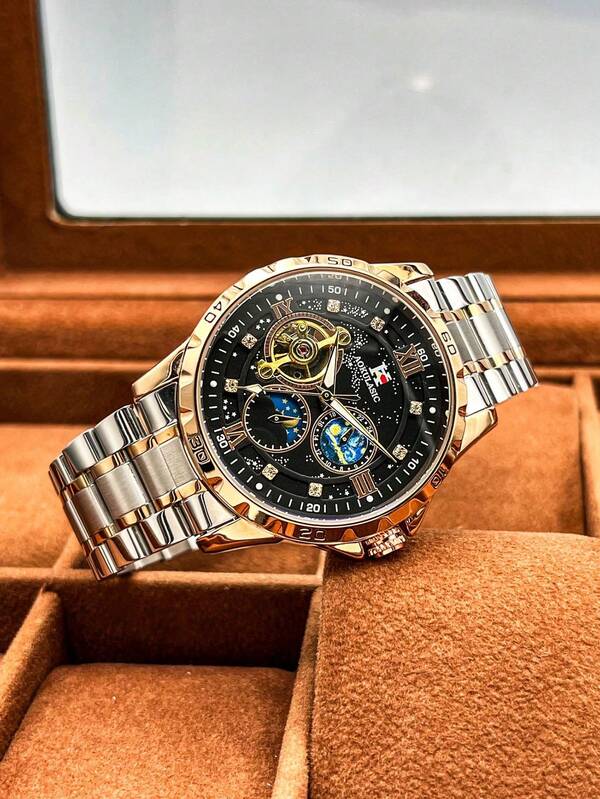 AOKULASIC 1 pieza Reloj automático mecánico de lujo con fase lunar y exhibición