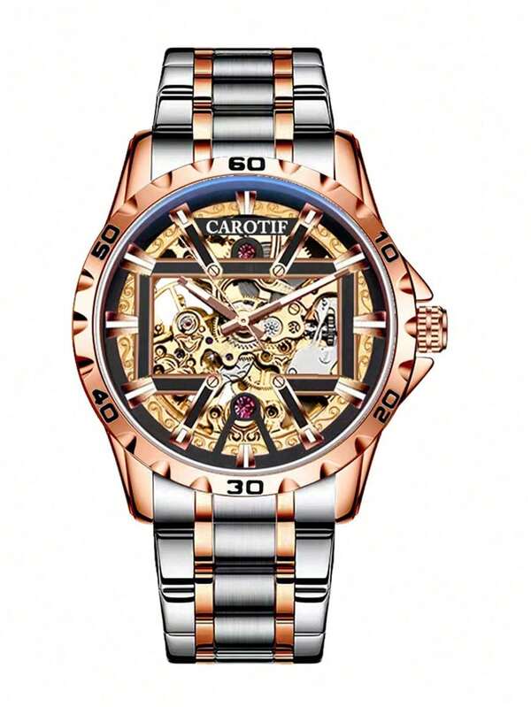 1 pieza Reloj de estilo de negocios con correa de acero rosa, hueco, completamen