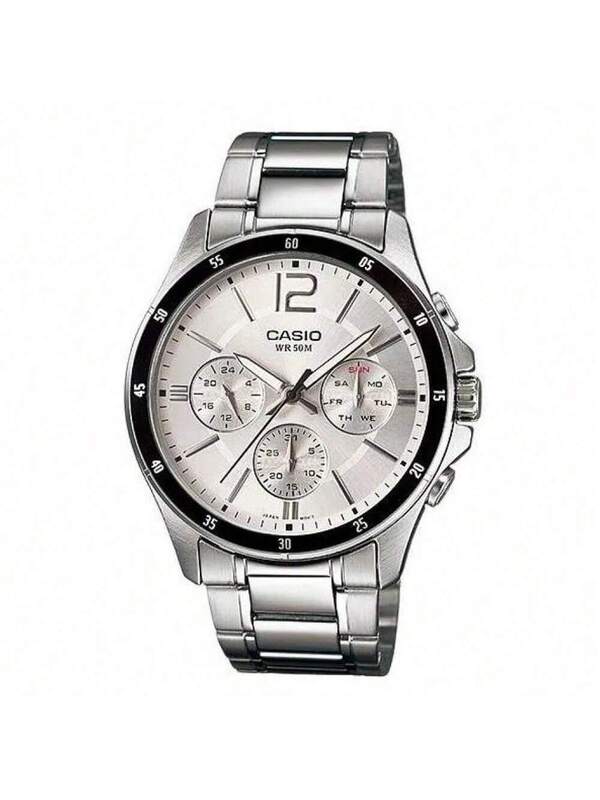 Reloj Casio de vestir y deporte, esfera plateada y correa de acero inoxidable, r