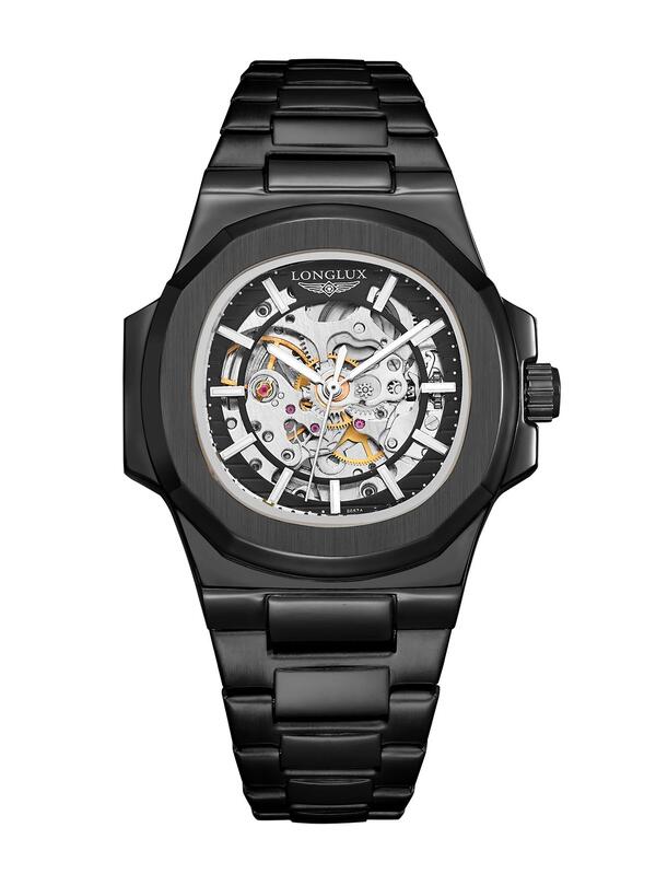 LONGLUX 1 pieza Reloj automático mecánico hueco para hombre, correa de acero ino