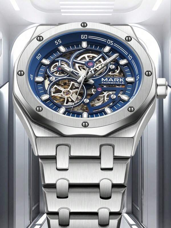 1 pieza Reloj de pulsera automático mecánico para hombre, correa de metal, esfer